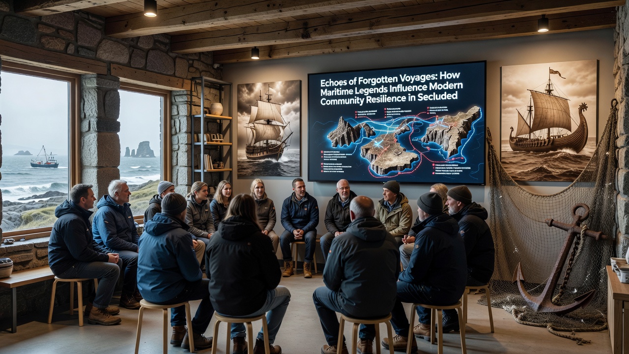 Community members in a coastal hamlet sharing stories near historic boats and shoreline structures
