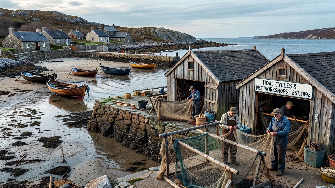 Group of participants in a net-mending workshop on a dock during a scheduled low tide period