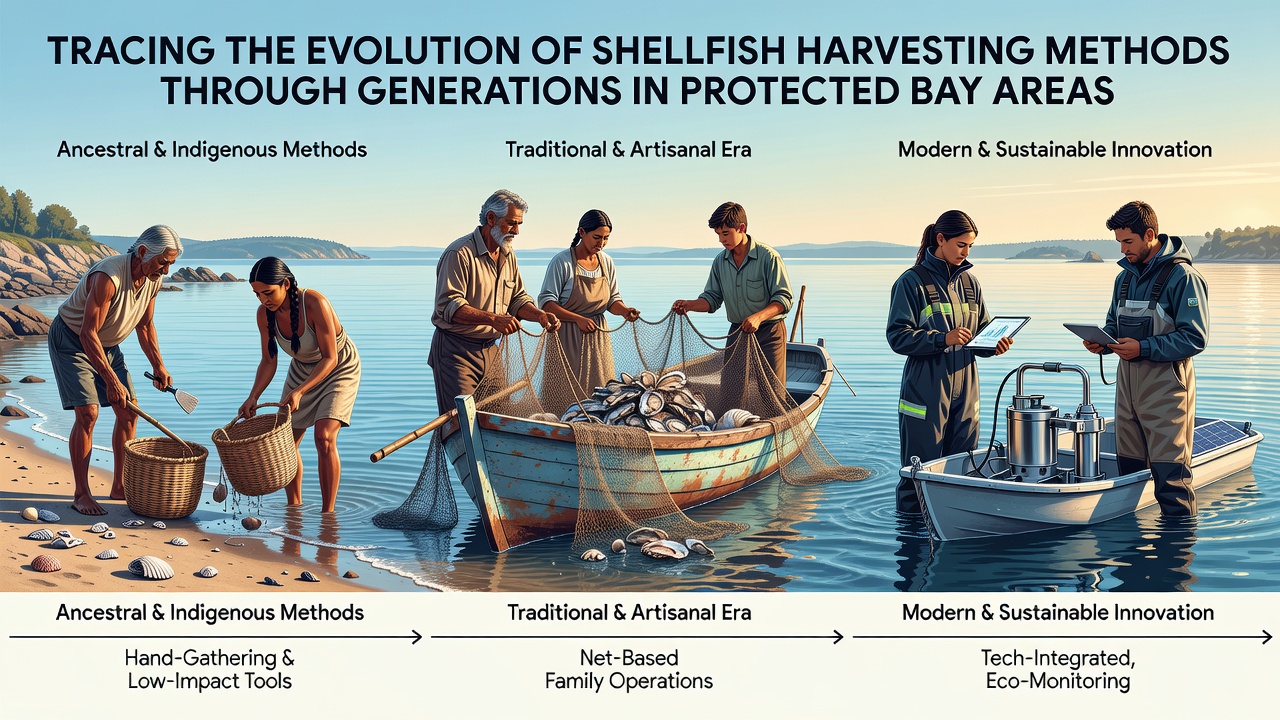 Modern aquaculture workers tending oyster racks in a regulated protected bay environment